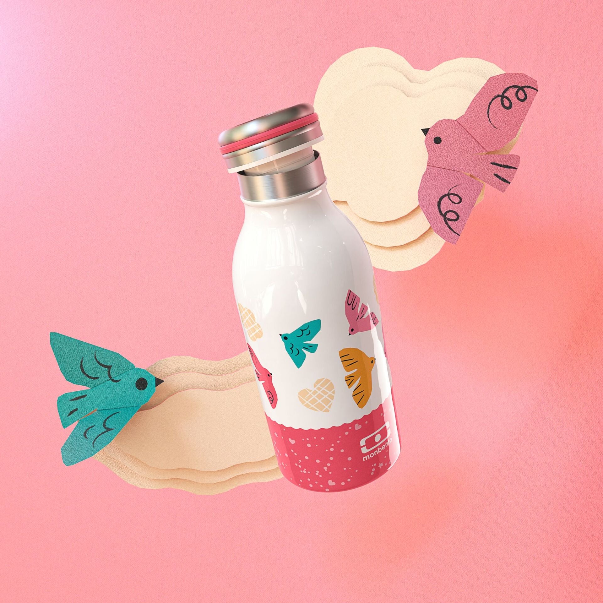 Monbento Cooly baby drinking bottle 350 ml, pink birds, 47274121