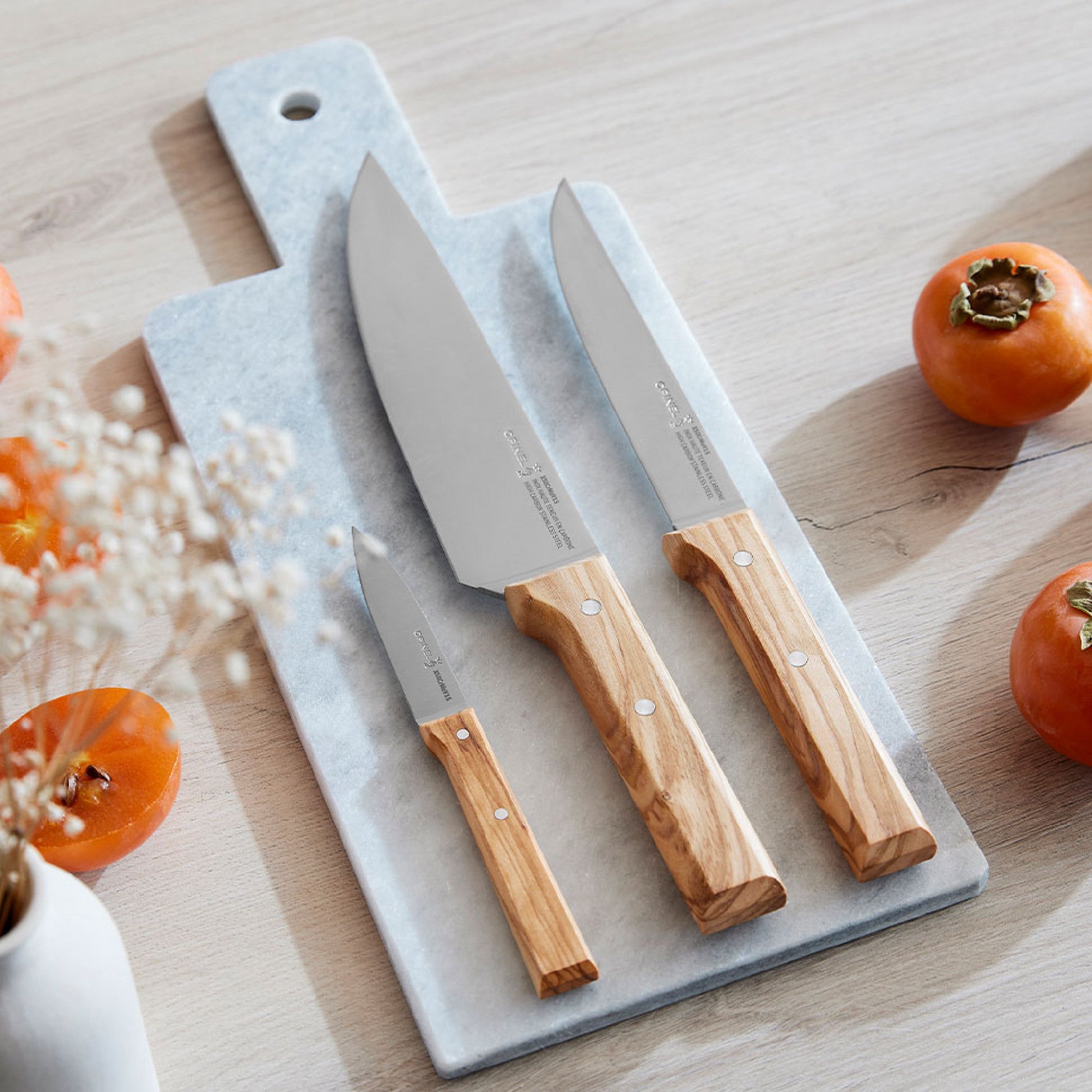 Opinel Parallele Olive Trio set of 3 knives, chef's, slicing and vegetable knife, 002494