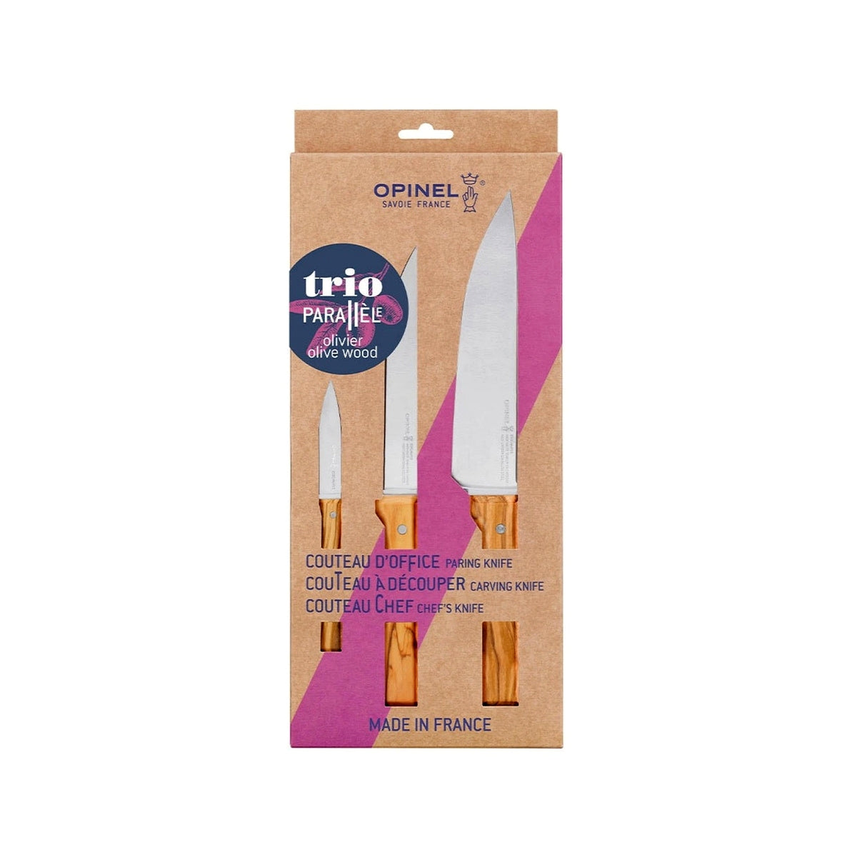 Opinel Parallele Olive Trio set of 3 knives, chef's, slicing and vegetable knife, 002494