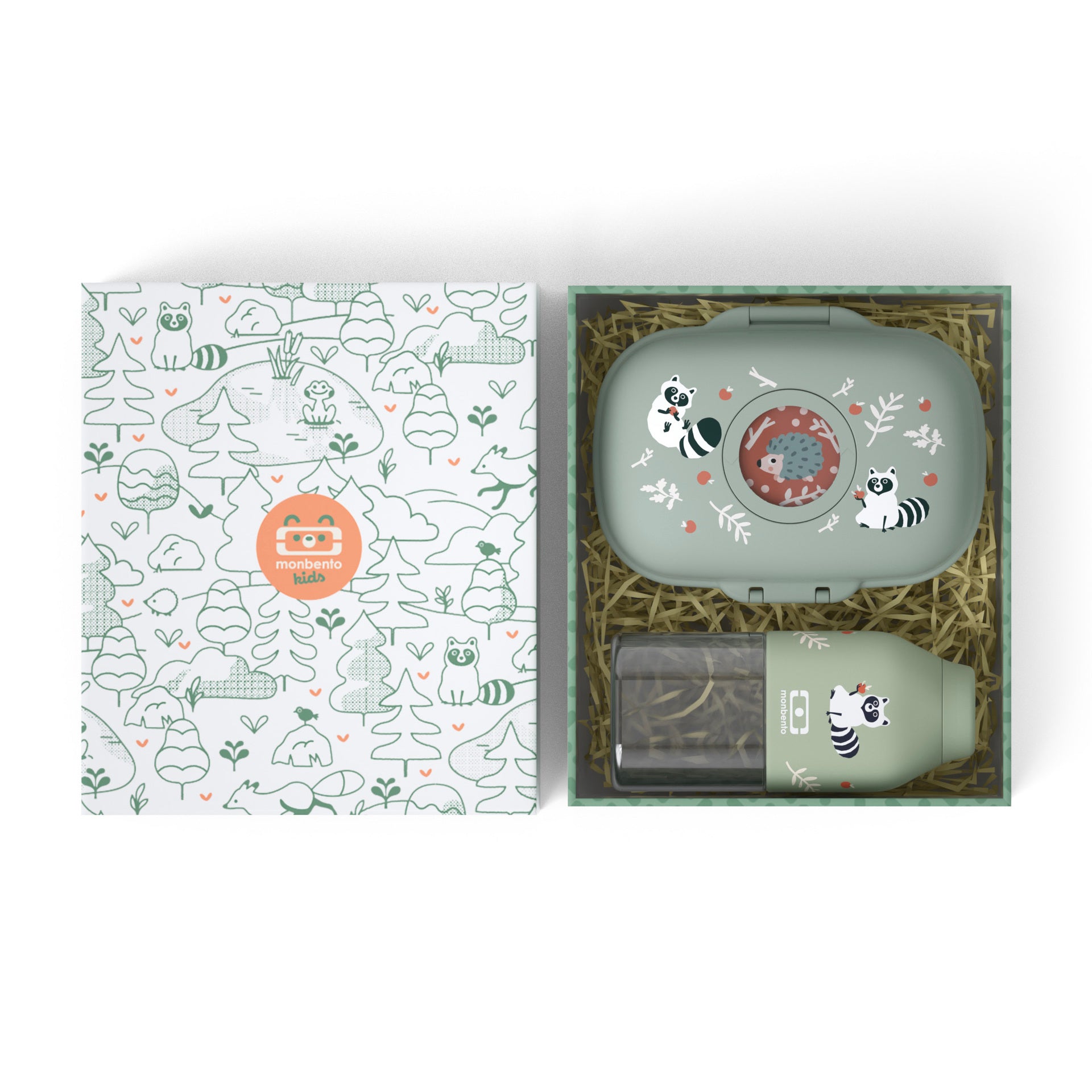 Monbento Gram kids snack box gift set, green raccoon, 88017353