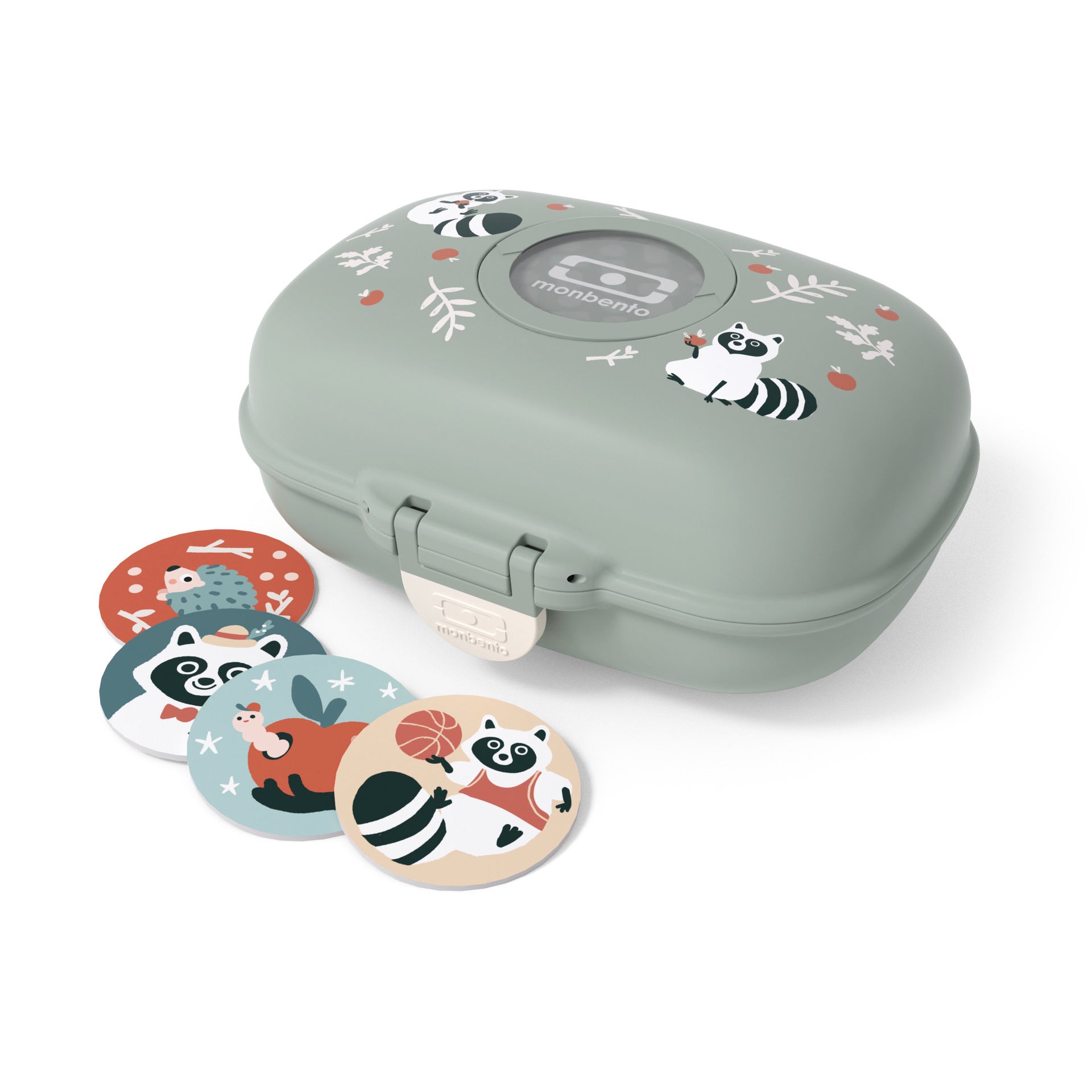 Monbento Gram kids snack box gift set, green raccoon, 88017353