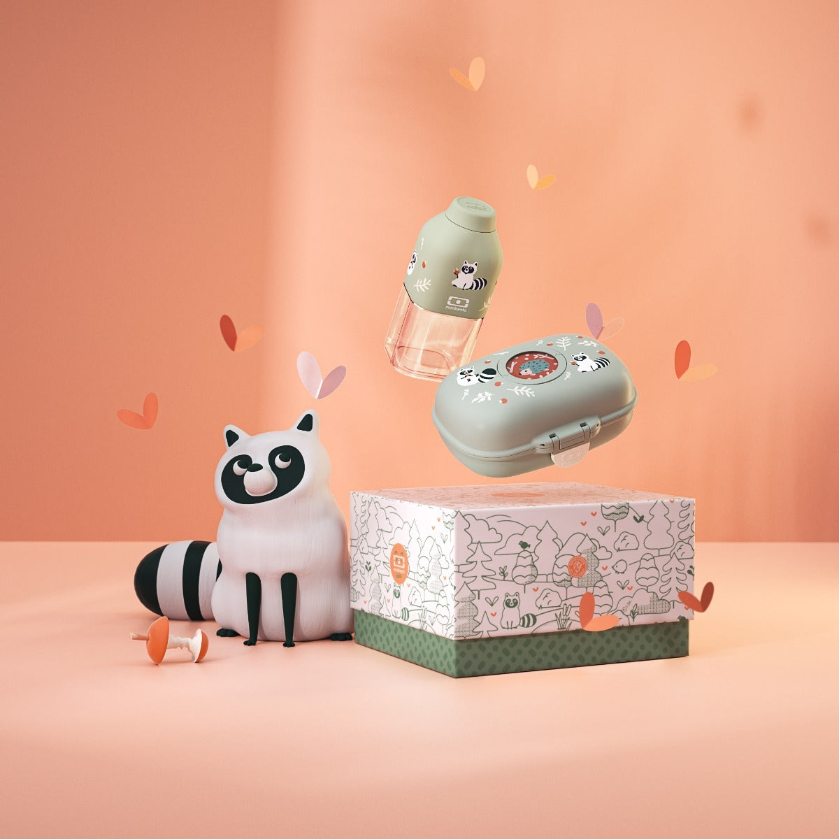 Monbento Gram kids snack box gift set, green raccoon, 88017353