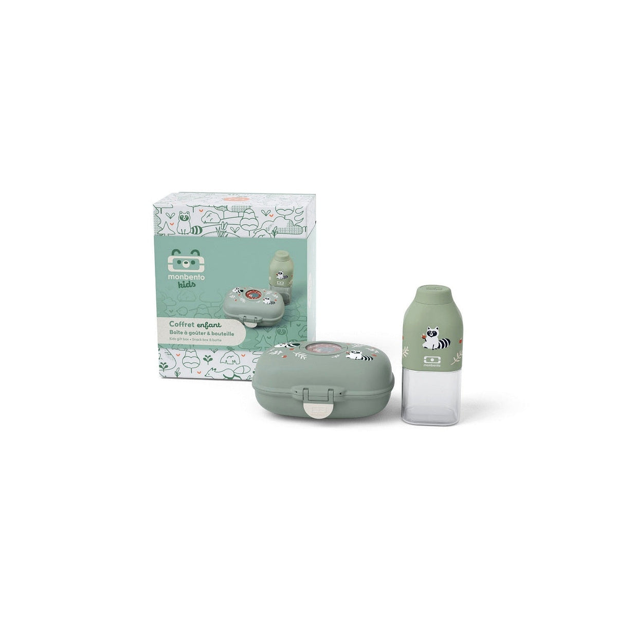 Monbento Gram kids snack box gift set, green raccoon, 88017353