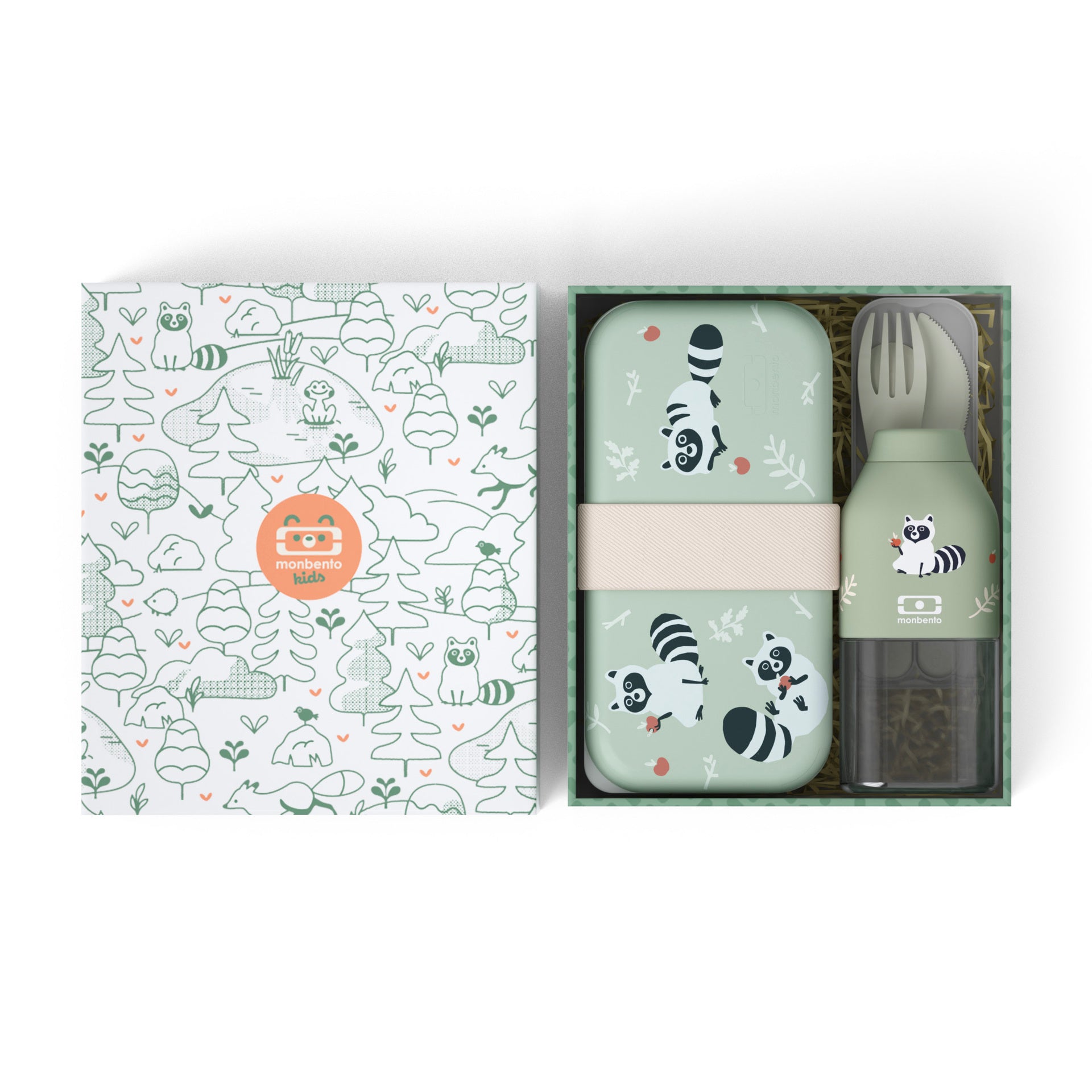 Monbento Foodie kids snack box gift set, green raccoon, 88007354