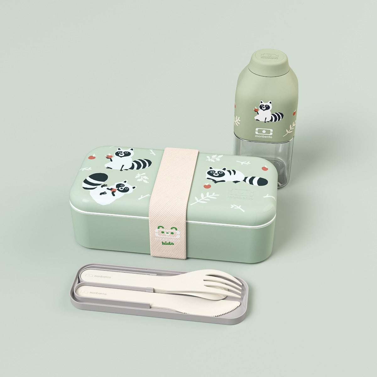 Monbento Foodie kids snack box gift set, green raccoon, 88007354