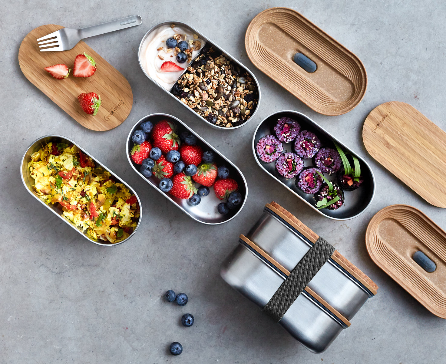 Black+Blum Bento snack box with bamboo lid and fork 1 l, grey, BAM-BT-L016