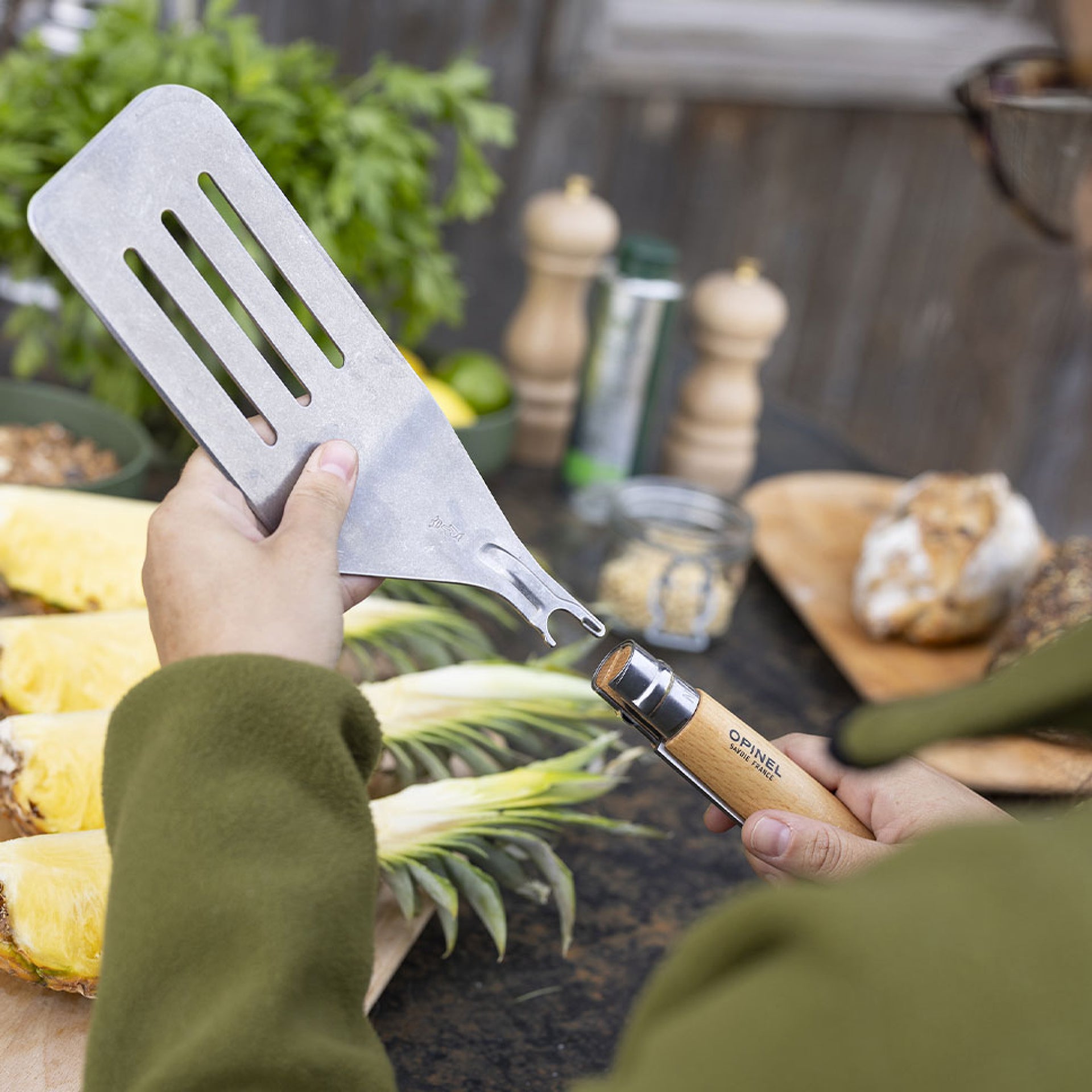 Opinel Barbecue knife set N°12 B, paring knife and barbecue tongs, 002733